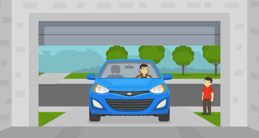 Image of a resident driving into the garage with a child waiting nearby.